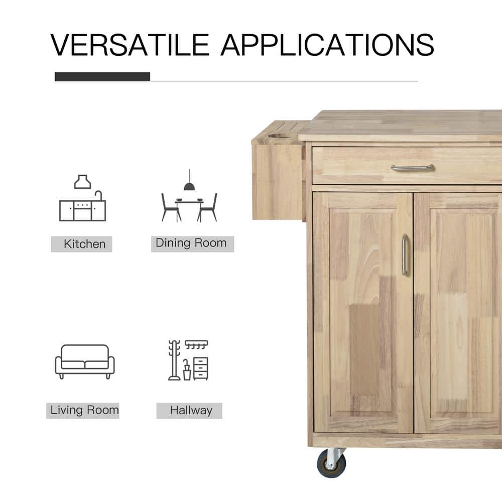 Natural Wood Kitchen Cart with Drawers and Spice Rack