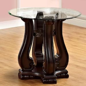 28 in. Brown Round Glass End Table with Scroblled Body
