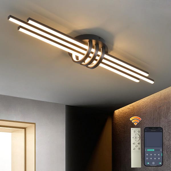 39.37 in. 40-Watt Modern Black Unique Geometric Dimmable Integrated LED Flush Mount with Remote Included for Living Room