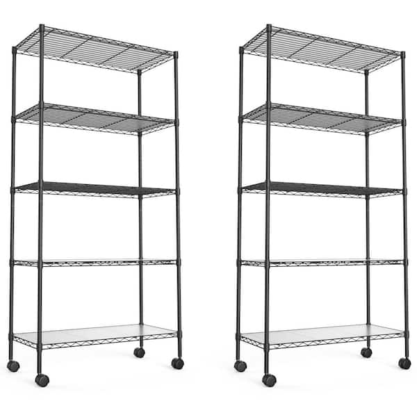 59.72 in. W Black 6-Tier Metal Pantry Organizer, Adjustable Metal Storage Shelves with Wheels