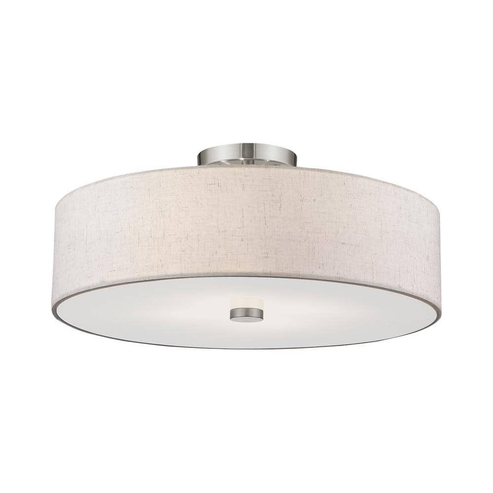 Elegant Brushed Nickel 4-Light Semi-Flush Mount with Oatmeal Fabric Shade