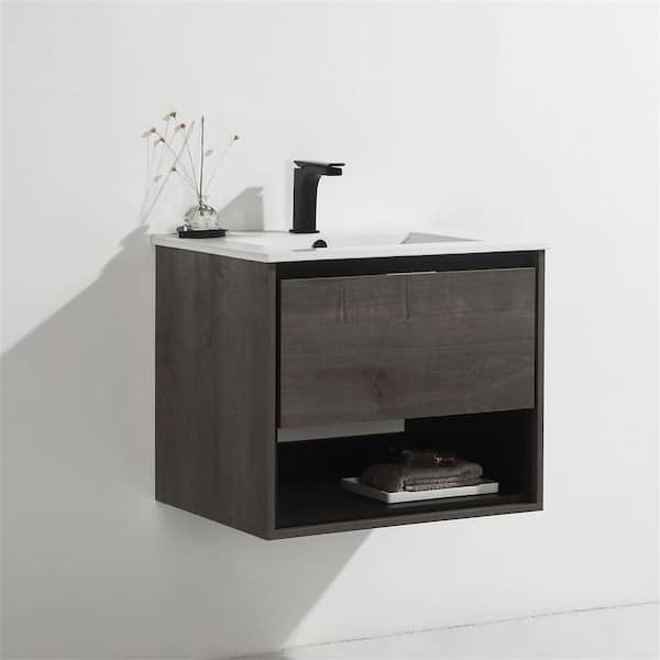 FUNKOL 24 in. W x 18 in. D x 20 in. H Bath Vanity in Gray with White Ceramics Top