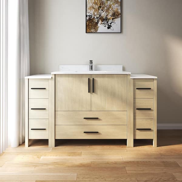 60 in. W x 22 in. D x 34 in. H Single Sink Freestanding Bath Vanity in Oak with White Carrara Cultured Marble Top