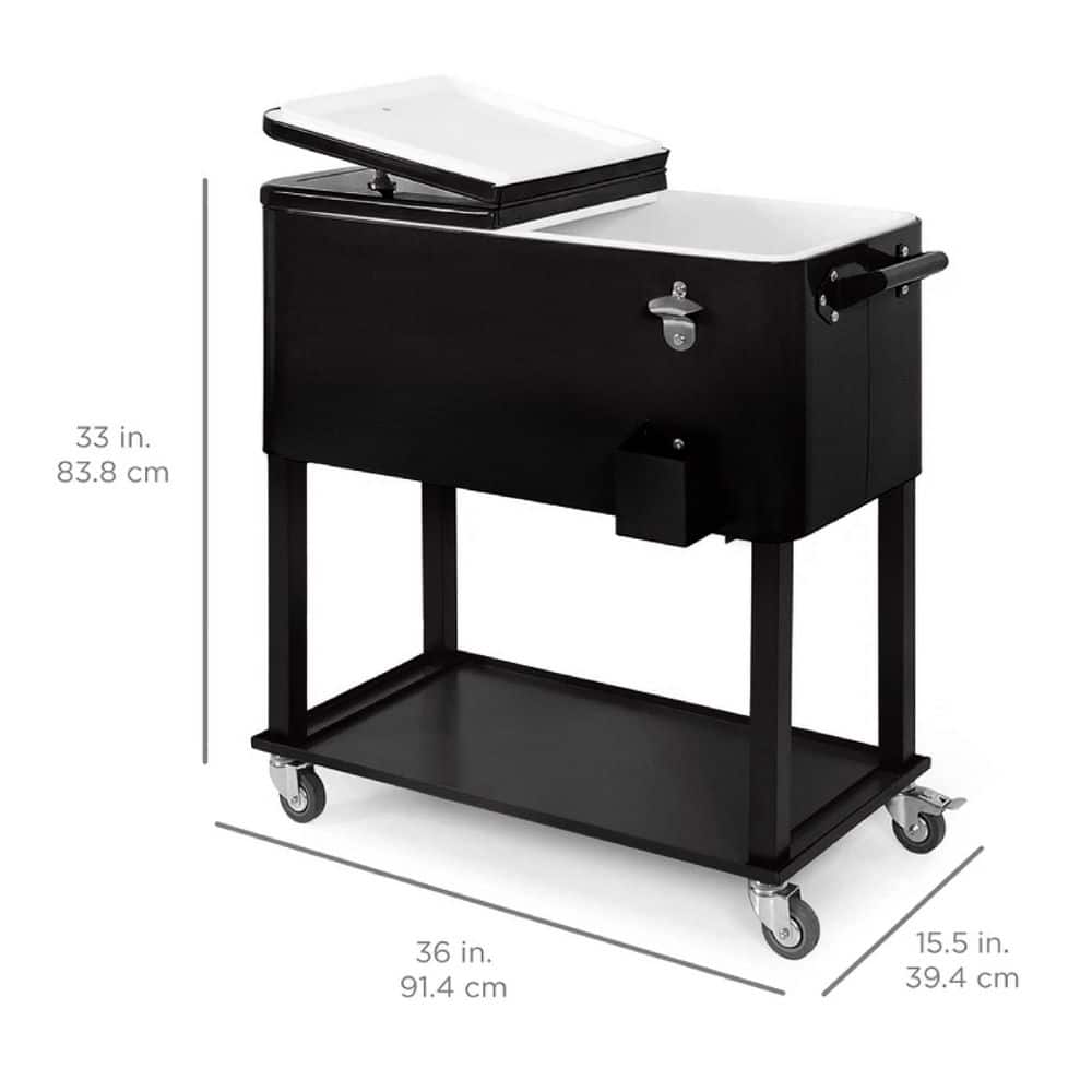 Black Steel Rolling Cooler Cart with Bottle Opener and Storage Shelf