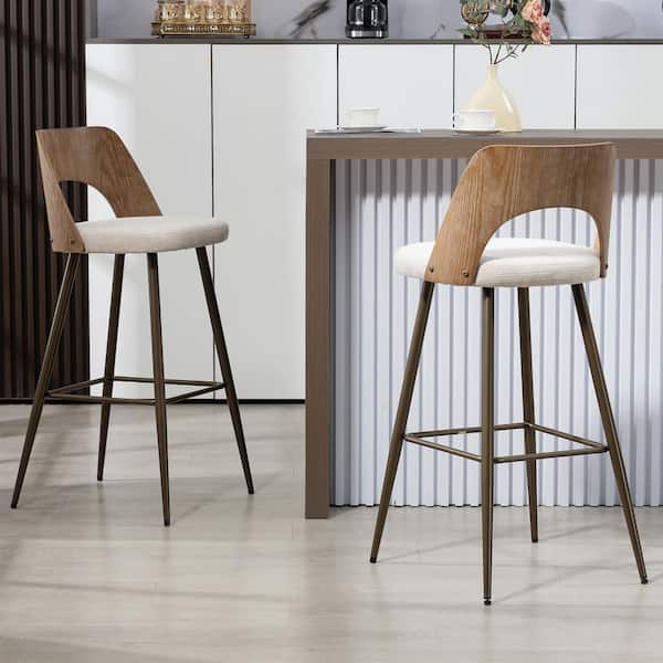 Bethan Beige Washed Boucle Fabric Bar Stool with White Washed Wood Back and Black Iron Legs (Set of 2)