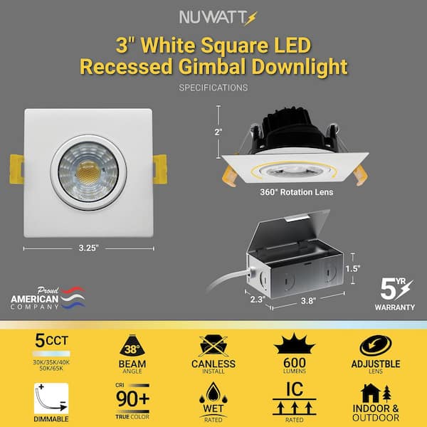 3 in. Canless White Square Gimbal Integrated LED Recessed Light Kit 5 CCT 2700K - 5000K New Construction (16-Pack)