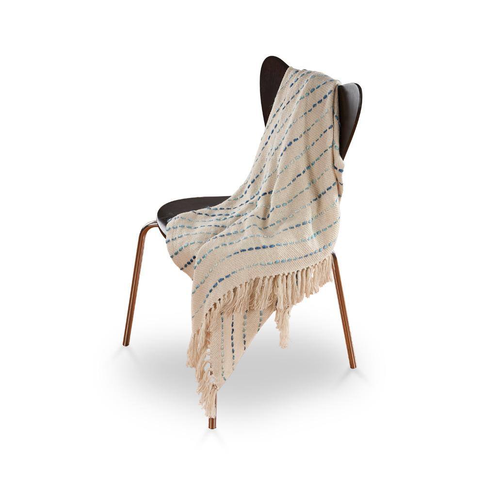 Cream and Blue Cotton Reversible Throw Blanket, 50" x 60"