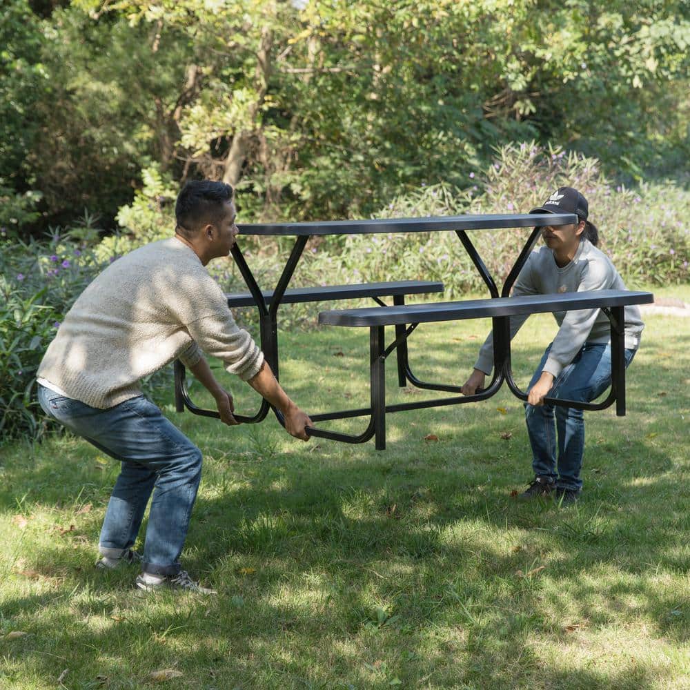 Gray Woodgrain Plastic and Metal Frame Outdoor Picnic Table Set