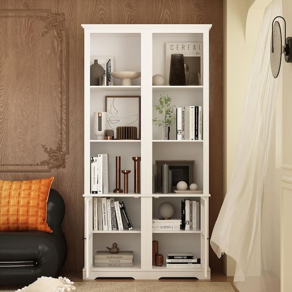 FUFU&GAGA A Pair of Side Cabinet, White 70.9 in. H Wooden Storage Cabinet with Glass Doors and Open Shelves for Corner Storage