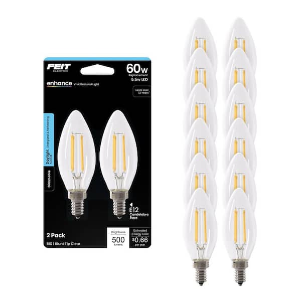 60-Watt Equivalent B10 E12 Candelabra Dimmable CEC Clear Glass Chandelier LED Light Bulb, Daylight 5000K (12-Pack)