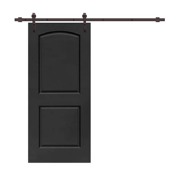 CALHOME 30 in. x 80 in. Black Stained Composite MDF 2-Panel Round Top Interior Sliding Barn Door with Hardware Kit