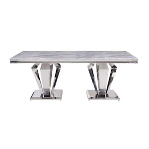 Satinka 79 in. Rectangle Light Gray Printed Faux Marble and Mirrored Silver Finish Marble Dining Table Seats-6