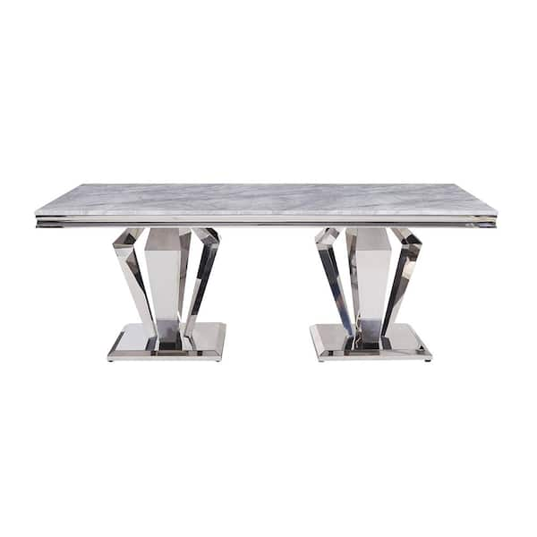 Satinka 79 in. Rectangle Light Gray Printed Faux Marble and Mirrored Silver Finish Marble Dining Table Seats-6