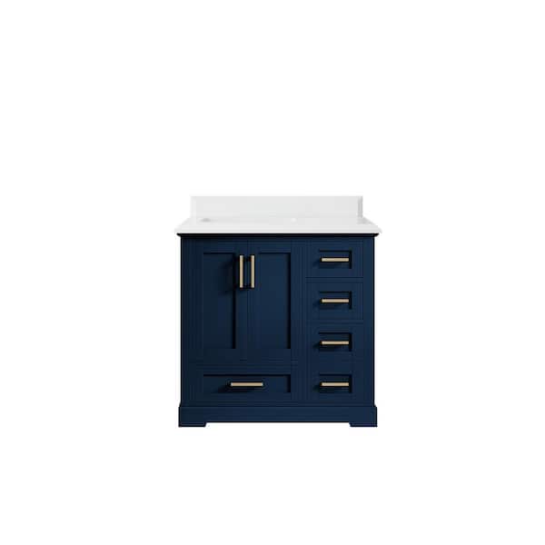 Willow Collections Boston 36 in. W x 22 in. D x 36 in. H Left Offset Sink Bath Vanity in Navy Blue with 1.5 in. White Quartz Top