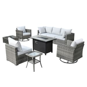 Harlotte 9-Piece Wicker Patio Rectangular Fire Pit Set with Gray Cushions and Swivel Rocking Chairs