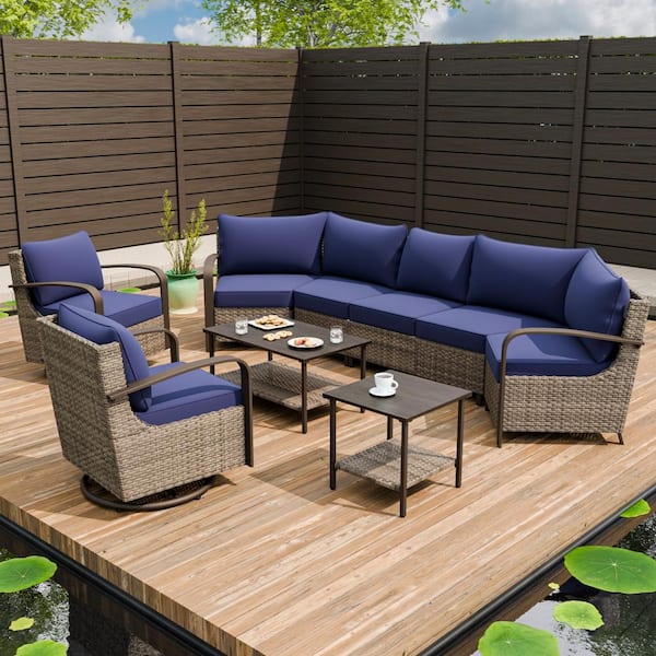EAGLE PEAK 9-Piece Wicker Patio Conversation Sectional Seating Set with Swivel Rocking Chair, Blue Cushions