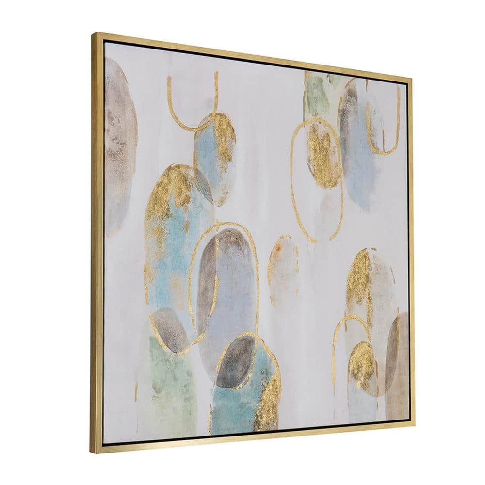 39.4" Square Gold, White, Green Abstract Canvas Wall Art