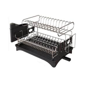 16.8 in. Silver Stainless Steel 2-Tier Dish Rack Drying Rack with Drainboard, Utensil and Cup Holder