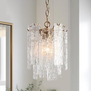 Modern Luxury 13 in. 1-Light Plated Brass Pendant Light Waterfull Ceiling Light with Handmade Glacier Crystal Glass