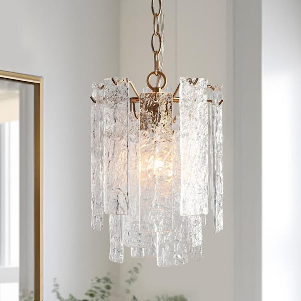 LNC Modern Luxury 13 in. 1-Light Plated Brass Pendant Light Waterfull Ceiling Light with Handmade Glacier Crystal Glass