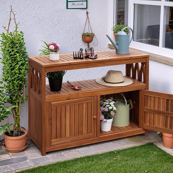 Anqtovp Acacia Wood 42.1 x 14.1 x 32.2 in Outdoor Kitchen Cabinet