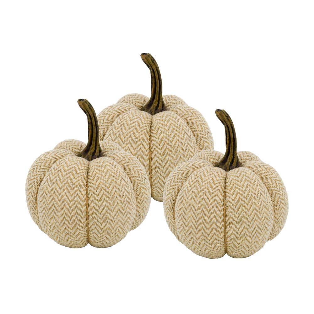 5.2 in. L x 5.2 in. W x 6 in. H Natural Fabric Weighted Pumpkin Set of 3 wi