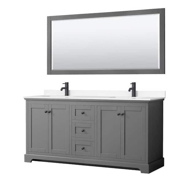 Wyndham Collection Avery 72 in. W x 22 in. D x 35 in. H Double Bath Vanity in Dark Gray with White Cultured Marble Top and 70 in. Mirror