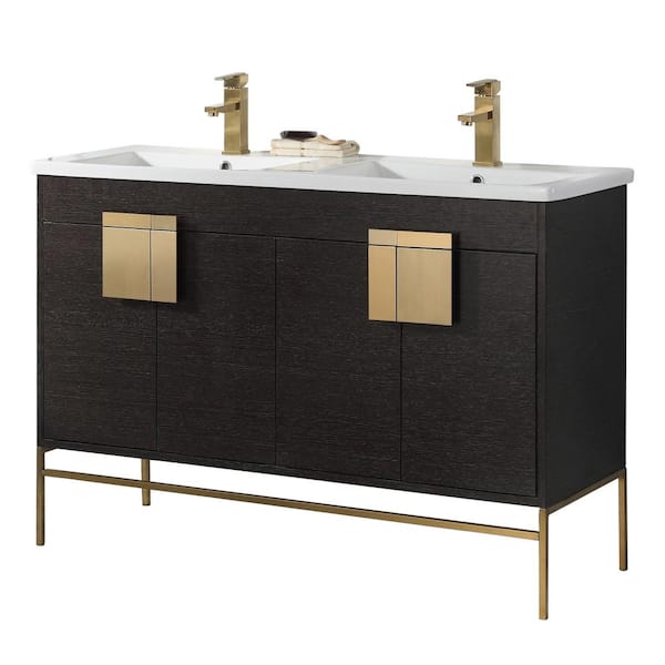 FINE FIXTURES Shawbridge 48 in. W x 18.11 in. D x 33.5 in. H Bath Vanity in Black Oak Straight Grain with Ceramic Vanity Top in White
