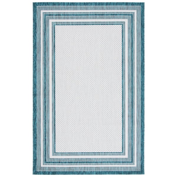 Courtyard Ivory/Teal 10 ft. x 14 ft. Solid Color Striped Indoor/Outdoor Area Rug
