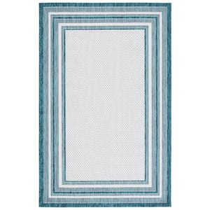 Courtyard Ivory/Teal 9 ft. x 12 ft. Solid Striped Indoor/Outdoor Patio  Area Rug