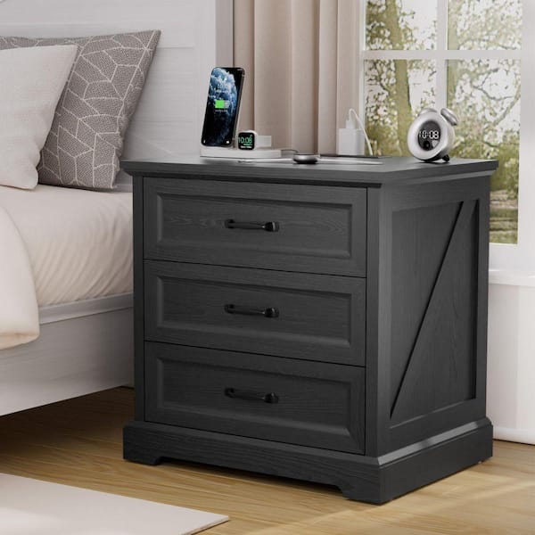 Farmhouse Black 3-Drawer 23.6 in. W Nightstand with Charging Station