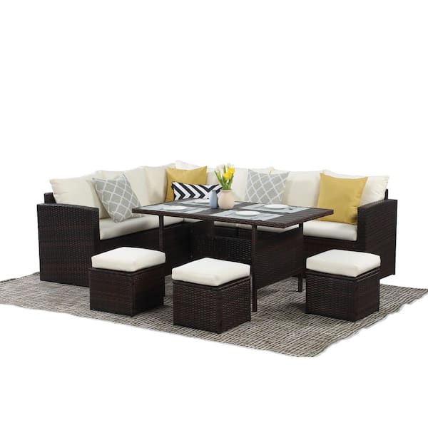 Zeus & Ruta 7-Piece Wicker Patio Outdoor Dining Sectional Sofa Set with Lvory Cushions for Porch Balcony Garden Backyard
