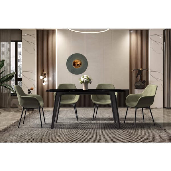 Leisuremod Krevor Series Modern Black/Gold Stone 55 in. Rectangular Wide Tabletop and 4 Legs Black Steel Dining Table Seats 4