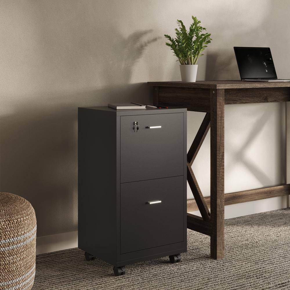 Black MDF 2-Drawer Lockable Mobile File Cabinet