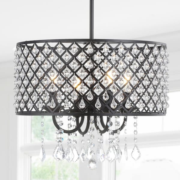 JONATHAN Y Gigi 17" Metal/Crystal Adjustable LED Drop Chandelier, Black/Clear
