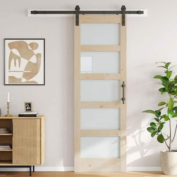 28 in. x 84 in. 5 Lite Frosted Glass Tan Unfinished Assembly Required Sliding Barn Door with Hardware Kit