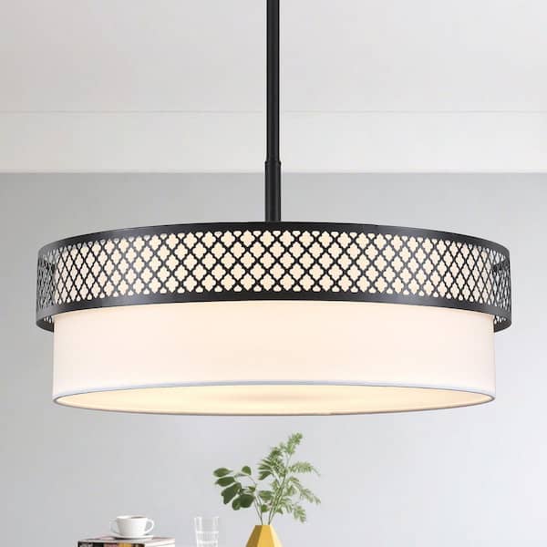 5-Light Black 21.6 in. Modern Drum Chandelier Adjustable Height with Fabric Shade for Dining Room Kitchen