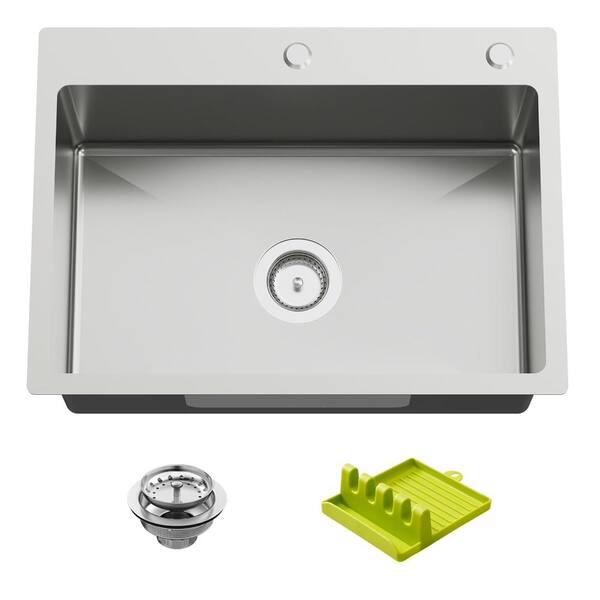 25 in. Drop-In Single Bowl 11-Gauge Stainless Steel Bar and Kitchen Sink with Spoon Rest and Drain Strainer