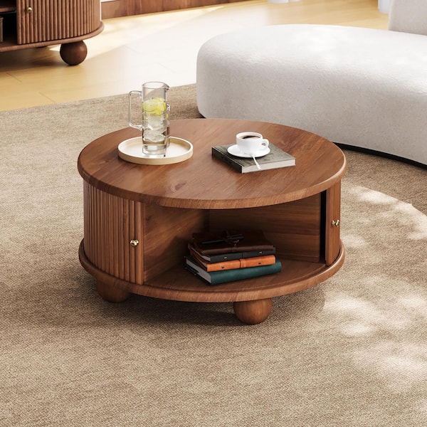 31.8 in. Walnut Round 100% Solid Pine Wood Coffee Table with Sliding Grooverd Tambour Door, Ball-Shaped Legs