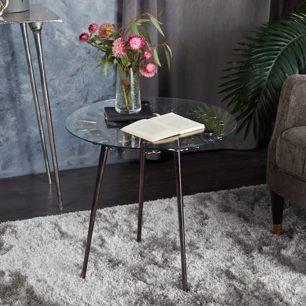 Litton Lane 22 in. Black Large Round Glass End Accent Table with Clear Glass Top
