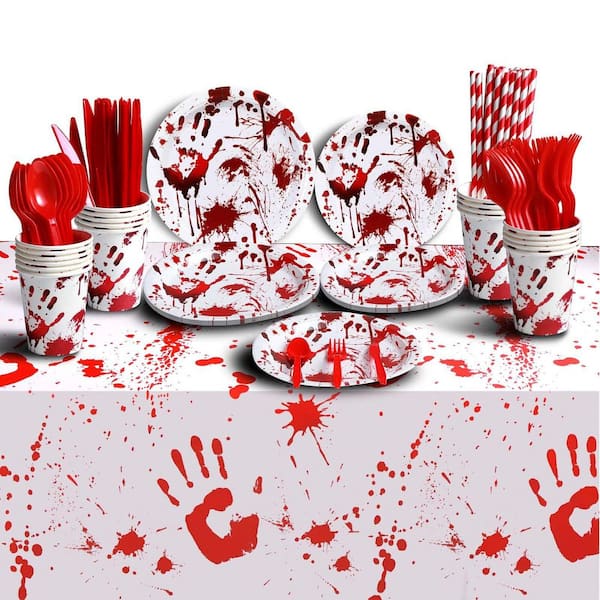 161-Piece Halloween Party Supplies, Paper Disposable Tableware Set with Tablecloth Plates Cups Straw Napkins Cutlery