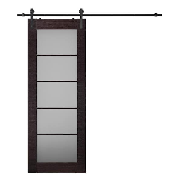 Belldinni Paola 36 in. x 84 in. 5-Lite Frosted Glass Gray Oak Wood Composite Sliding Barn Door with Hardware Kit