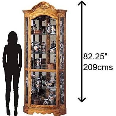 Golden Oak Lighted Corner Curio Cabinet with Glass Shelves