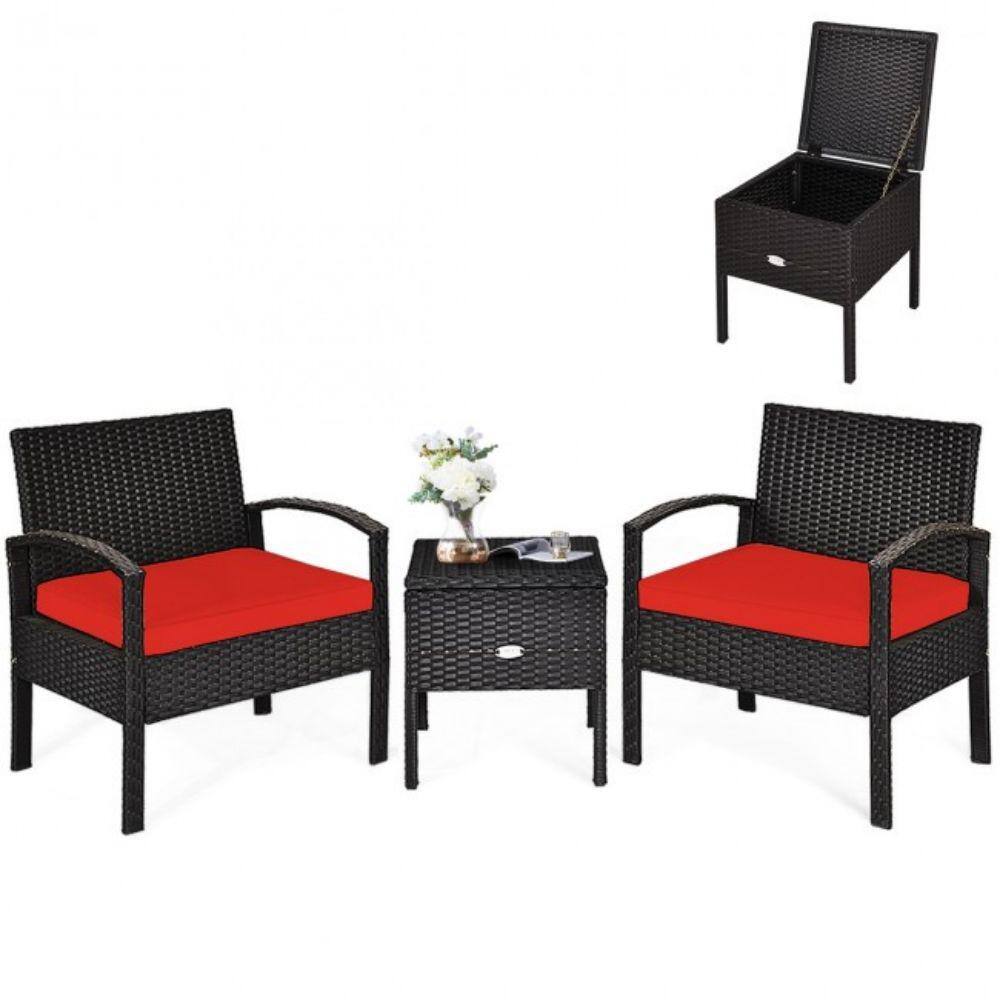 Red Cushioned Black Rattan 2-Person Patio Conversation Set