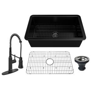 All-in-one Matte Black Fireclay 32 in. Single Bowl Undermount Kitchen Sink with Pull Down Faucet and Accessories