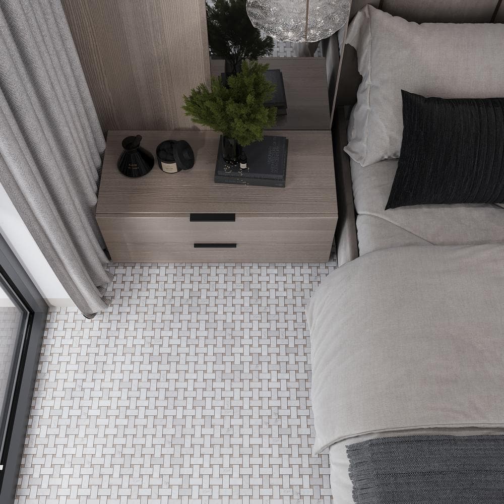 White and Beige Basketweave Polished Marble Mosaic Tile