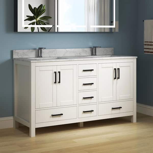 Aeterna 60 in. W x 22 in. D x 34 in. H Double Sinks Freestanding Bath Vanity in White with Cultured Marble Top
