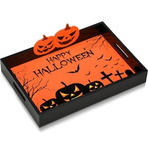 Rectangular Wooden Halloween Pumpkin Serving Tray with Handles for Dinner Table