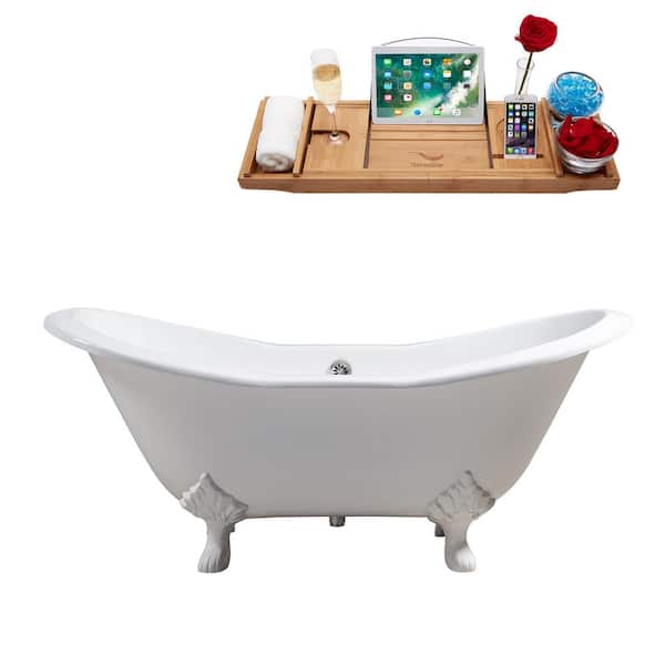 Streamline 72 in. Cast Iron Clawfoot Non-Whirlpool Bathtub in Glossy White with Polished Chrome Drain and Glossy White Clawfeet