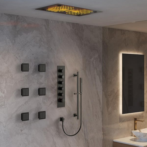 Aurora 28 in. Mood Light Speaker 6-Jet Shower System with Handheld, Thermostatic Valve in Matte Black